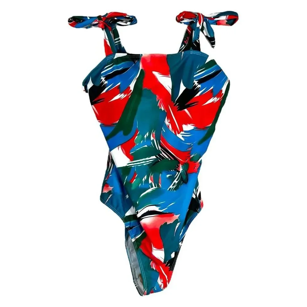 Tropical Swimsuit Size Large Womens One Piece Tie Straps Red Blue Green NWOT 558